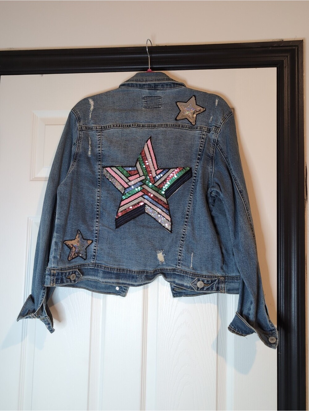 Medium Sojara Distressed Denim Jean Jacket with Star Sequin Patch